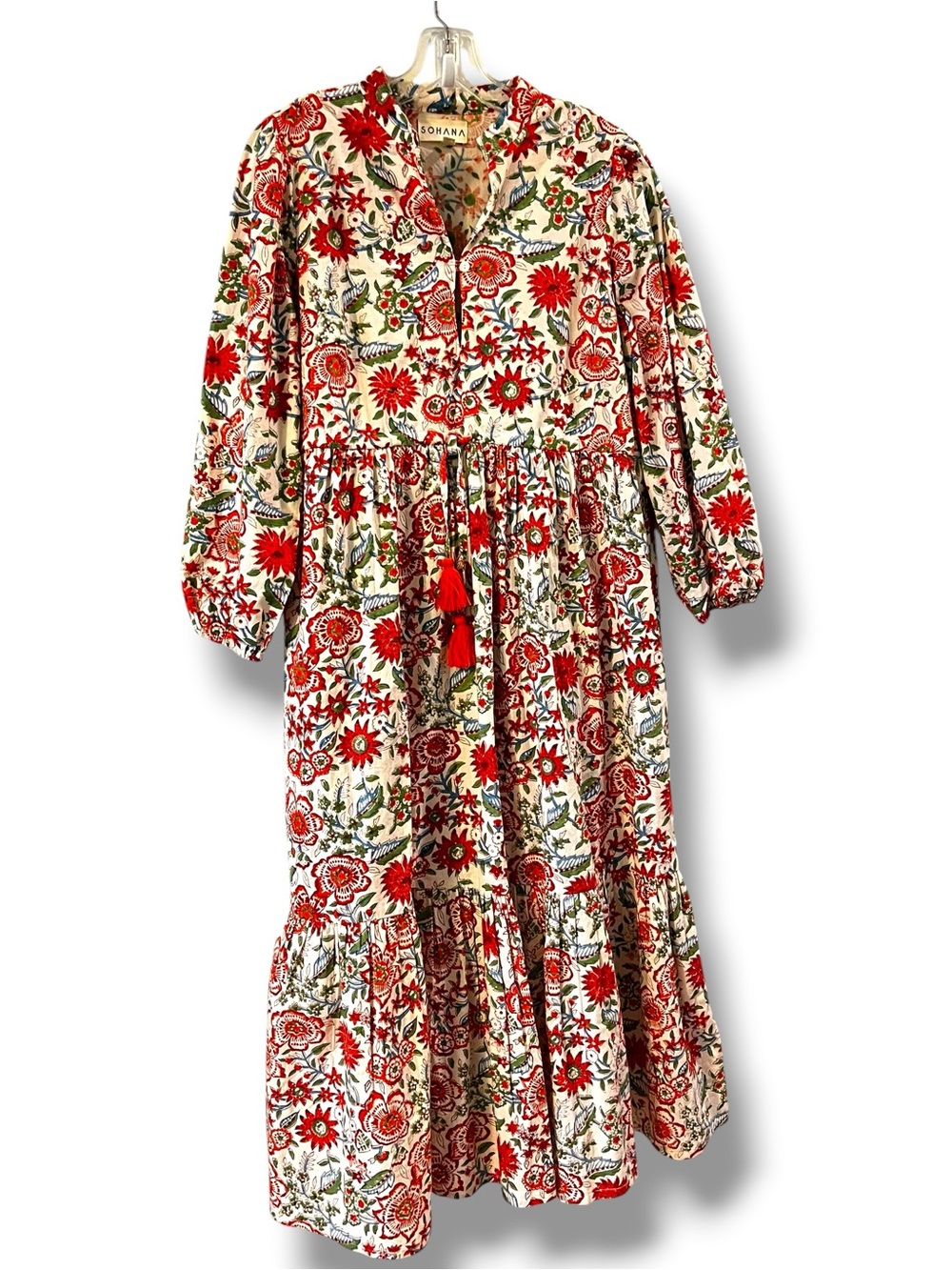 Sohana Naomi Maxi Dress Size Medium Floral Block Print Tassels Pockets Boho